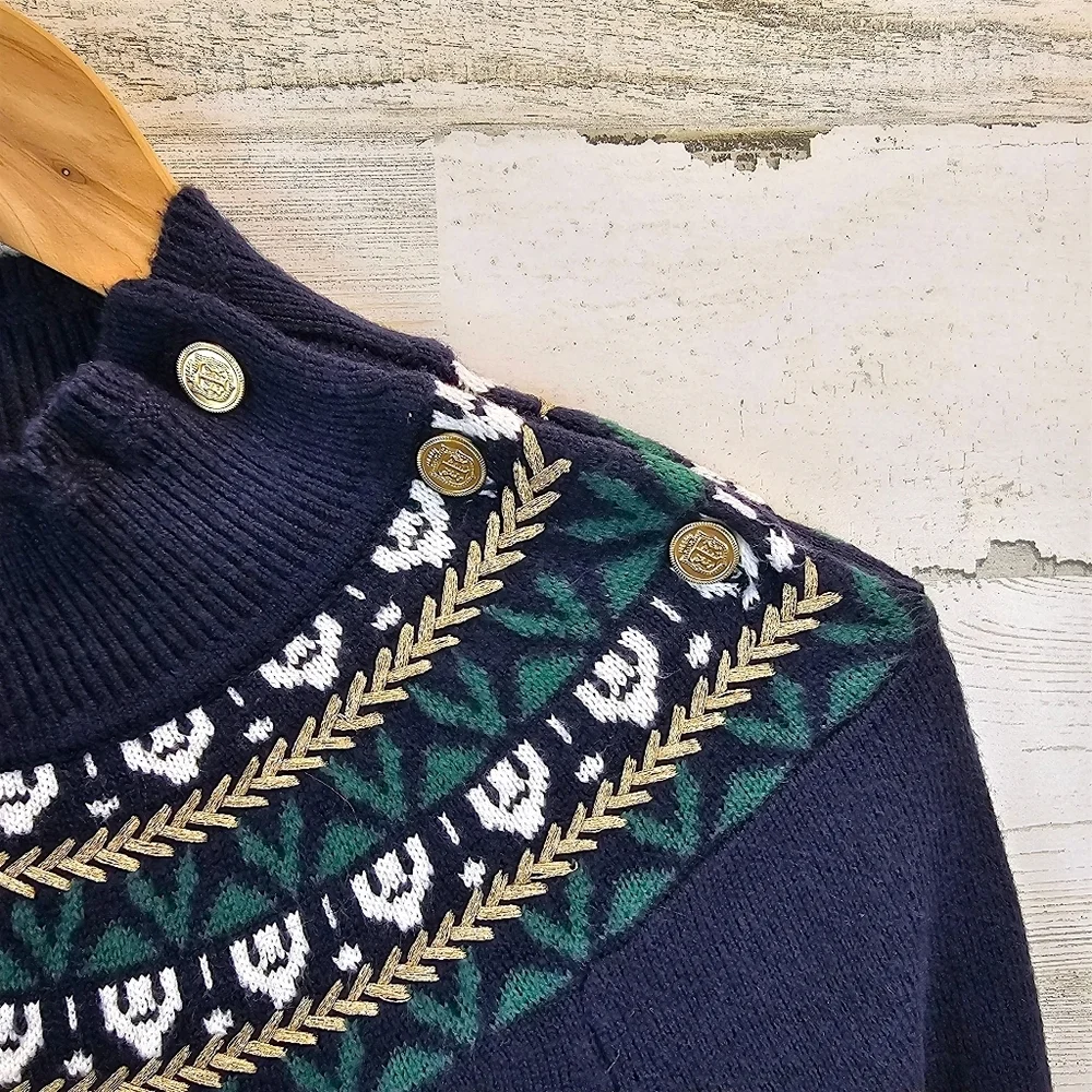 Talbots Petite Fair Isle Sweater Dress Navy Mock Neck Button Detail SP Holiday